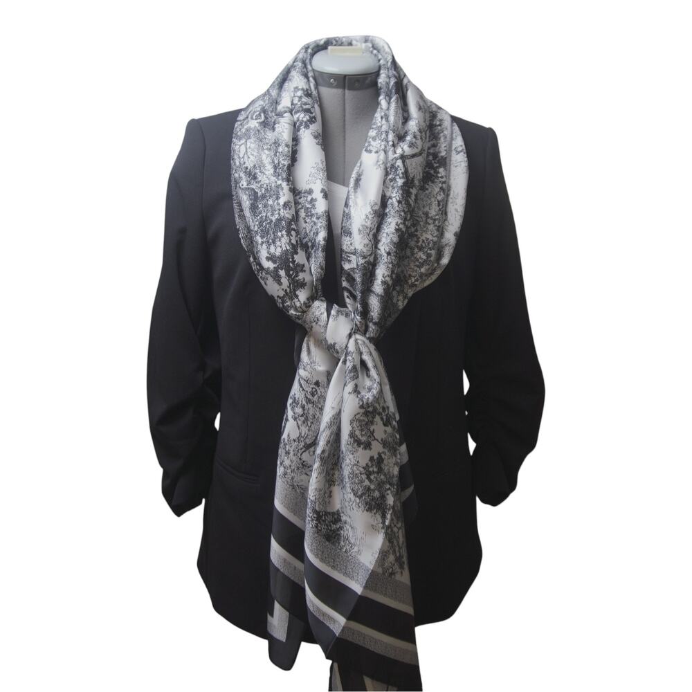 NWT Black White Horse Toile Imitation Silk Scarf Wrap 35x71 Equestrian